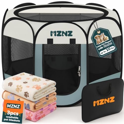 Dog Cat Small Animal Puppy Playpen Crate with 3 Blankets, Small, Grey by MZNZ