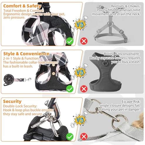 KOOLTAIL Small Dog Harness and Leash Set, Cute Puppy Harness, Step in No Pull Soft Mesh Pet Vest Harness Collar for Small Size Dogs Cats Boy Girl, Plaid Dog Halters for Outdoor Walking, Beige S - Image 5