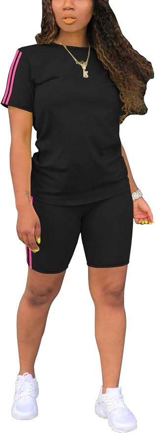 STOLKISS Women 2 piece Short Sets Classic Striped Outfits Summer Casual Short Sleeve T-Shirt and Short Jogger Tracksuits Sets by STOLKISSWOMENSCLOTHES