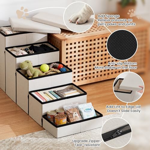 Love's cabin Dog Stairs for High Bed, Foldable Pet Stairs for Small Medium or Large Dogs Puppy with Storage for Bed or Couch, Cat Dog Steps Ramp with Zip up to 200 lbs, Beige, 5 Steps - Image 3