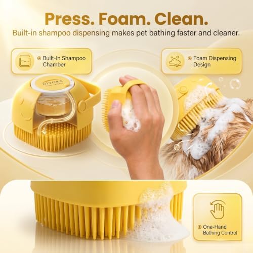 DIYORA Pet Shampoo Brush, 2-in-1 Silicone Bath Brush with Soap Dispenser for Dogs & Cats, Grooming, Massaging, Shedding & Deep Cleaning Tool for Short Hair, Long Hair & Small Pets(Yellow) - Image 3