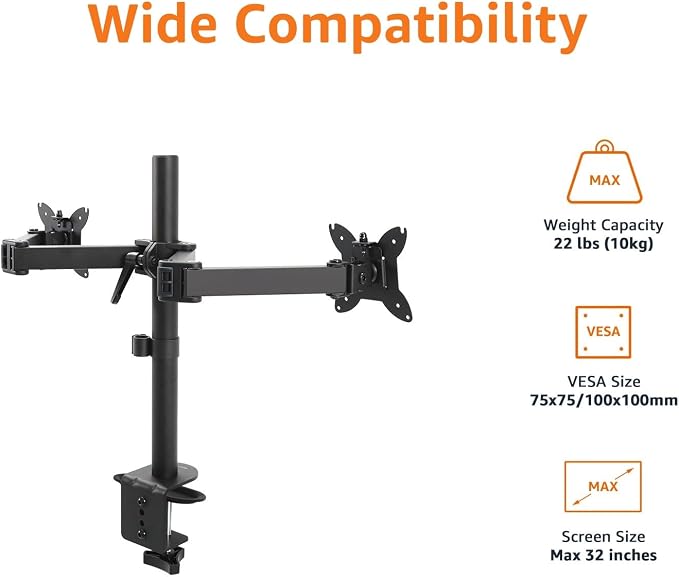 Amazon Basics Adjustable Dual Monitor Desk Mount, Supports up to 32 inch Monitors and 22 lbs per Arm, Adjustable Tension, VESA 75x75/100x100, Black - Image 2