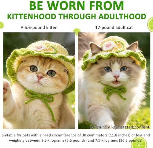 Pomelo Cat Hat, Cotton & Soft Cute Knitted Hats for Cats Birthday Party Spring Christmas Puppy Hat for Small Pets (Green,M) - Image 5