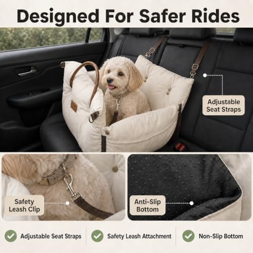 Pet Car Seat with Safety Tether, Carry Handles and Non-Slip Base,Offwhite - Image 3