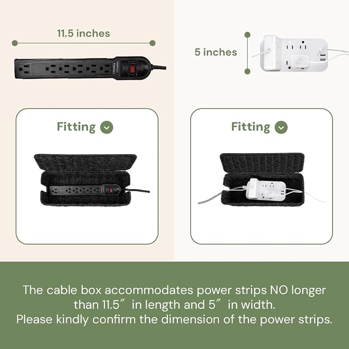 Cable Management Box, Handmade Rattan Cable Organizer with 2 Open Slots, Cord Hider for Power Strip, Router & USB Hub, Registered U.S. Design Patent (D1,112,102), 13" x 5.1" x 5.1", Black - Image 4