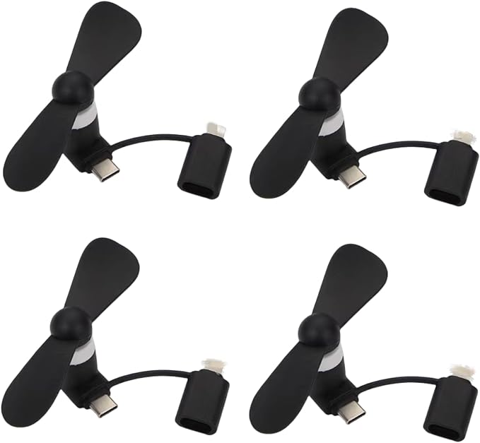 Type USB C 2-in-1 Cell Phone Fan, for iPhone All Series 7 8 X 11 12 13 14 15 16 17 XS XR Plus Mini Pro Max SE, for Samsung Galaxy S, Z Fold Flip, A1/A2/A3/A5 Series, M1/M3/M5, Note Series (Black x4) by YUNLOVXEE