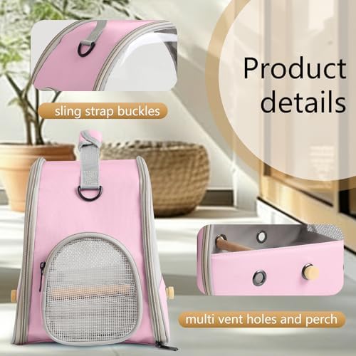 Bird Carrier, Portable Small Bird Parrot Parakeet Carrier with Standing Perch and Mat, Side Access Window Collapsible (Pink, Clear Windows) - Image 5