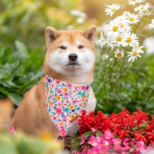 PTDECOR Floral Dog Bandana, Pink Green Flower Pet Scarf, Large - Image 2