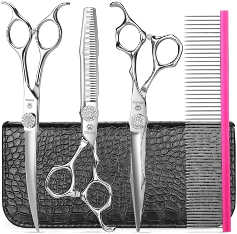 GLADOG Luxury Dog Grooming Scissors Set - 7" Straight, 6.5" Thinning, 7" Curved Dog Shears for Grooming - 9CR Steel, Professional Grooming Kit for Dogs by GLADOG