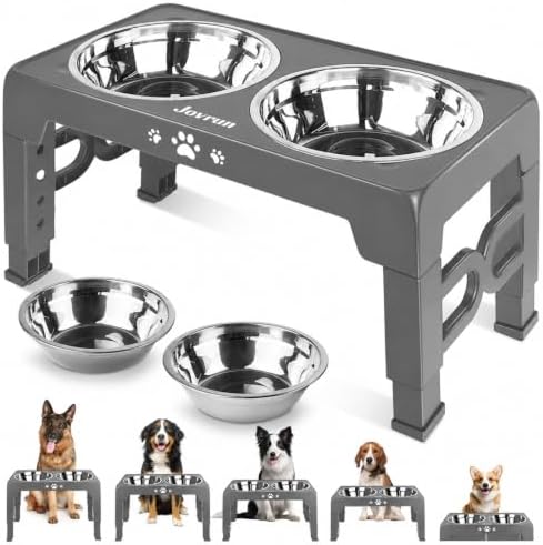 Jovrun Elevated Dog Bowls for Medium Large Size Dogs, Non-Slip Dog Feeder with 2 Stainless Steel Dishes, 5 Heights Adjustable Raised Bowls to 3.15″-8.66″-9.84″-11.02″-12.2″ by Jovrun