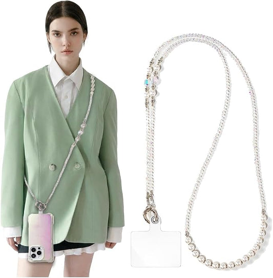 Phone Chain Crossbody Pearl Strap,Pearl Beaded Chain Shoulder Crossbody Lanyard with Phone Tether Patches Compatible with Most Phones Bag Purse by Turkalla