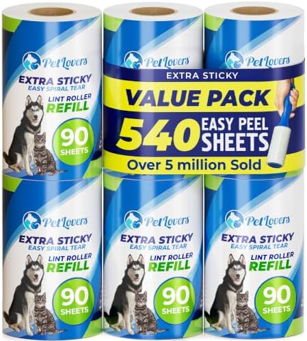PetLovers Extra Sticky Lint Roller 6 Pack of Refills Only - No Handle Included - 90 Sheets Per Refill 540 Sheets Total by PetLovers