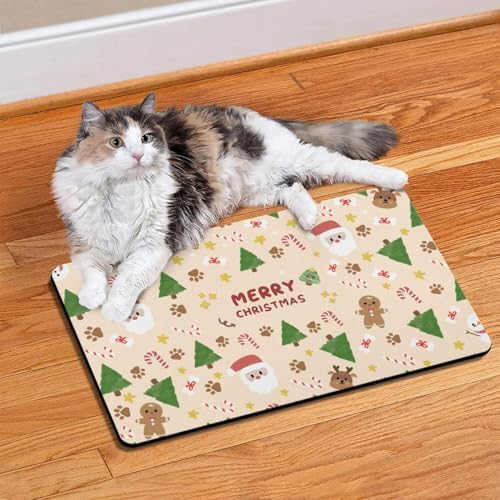 Christmas Dog Food & Water Mat, Paw Prints Santa Claus Snowman Xmas Pet Feeding Mat for Floor Non-Slip Waterproof, Super Absorbent Cat Bowl Mat, Easy to Clean Pet Placemat,12" × 20" - Image 2