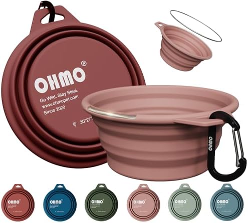 OHMO Small Collapsible Dog Bowls, Steel Rim, 12oz, 2pcs, Coral&Brick Red by OHMO