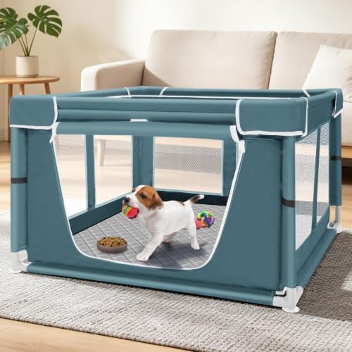 42 × 42 inch Dog Playpen with Pee Pad, Soft Puppy Playpen, 25 Height Pet Playpen for Small Dogs and Small Animals, Dog Fence Indoor, Play Yard with Zipper Door(Green) by ZIKOPOMI