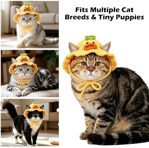 Duck Cat Hat, Cotton & Soft Cute Knitted Hats for Cats Birthday Party Halloween Christmas Spring Puppy Hat for Small Pets (Yellow,M) - Image 6