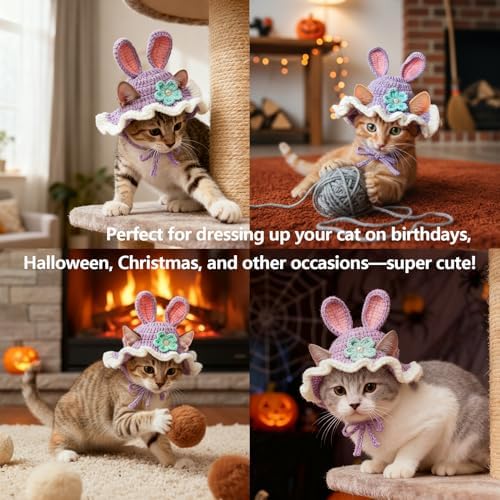 Cute Cat Hats Costume Suitable for 5 to16 lbs - Rabbit Kitten Hat Head Circumference 11" or Less Cat Hats for Cats only Pet Christmas Photography Outfits - Image 2