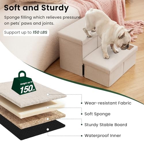Love's cabin Dog Stairs for High Bed, Foldable Pet Stairs for Small Medium or Large Dogs Puppy with Storage for Bed or Couch, Cat Dog Steps Ramp with Zip up to 200 lbs, Beige, 2 Steps - Image 4