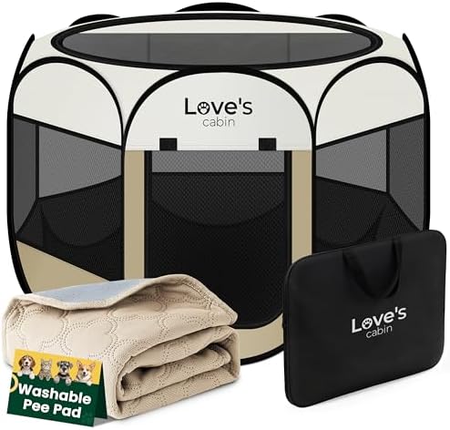 Love's cabin Dog Playpen with Washable Pee Pad, Puppy Pet Cat Playpen Small Dogs Tent Crate Indoor/Outdoor, Portable Pop Up Kennel with Carrying Case for Cats/Rabbits(Khaki,Small with pad) by Lovescabin