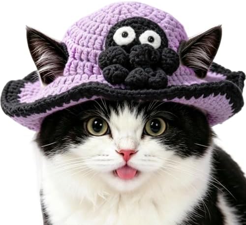 Spider Cat Hat, Cotton & Soft Cute Knitted Hats for Cats Birthday Party Halloween Christmas Spring Puppy Hat for Small Pets (Purple,M) by floofelove