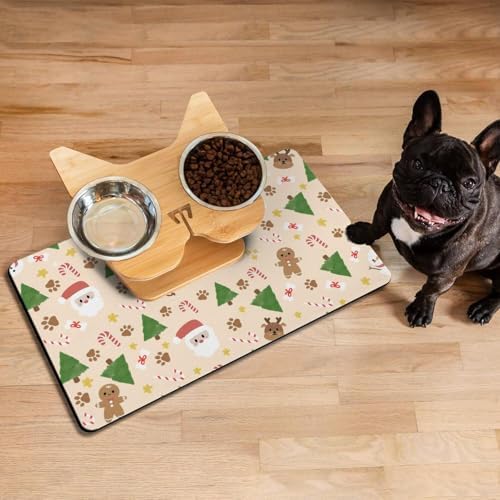 Christmas Dog Food & Water Mat, Paw Prints Santa Claus Snowman Xmas Pet Feeding Mat for Floor Non-Slip Waterproof, Super Absorbent Cat Bowl Mat, Easy to Clean Pet Placemat,12" × 20" - Image 4