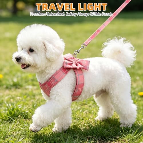 KOOLTAIL Small Dog Harness and Leash Set, Cute Puppy Vest Harnesses with Bowtie, Step in No Pull Soft Mesh Padded Adjustable Plaid Pet Harness for Extra-Samll Medium Dogs Cats, Boy Girl, Pink XS-M - Image 2