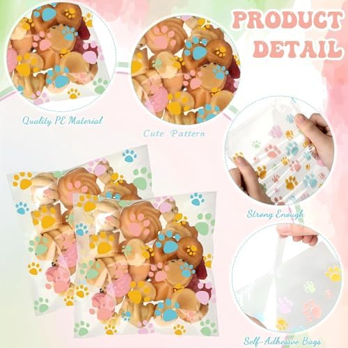 Pasimy 200 Pcs Dog Paw Treat Bags, Clear Self Adhesive Pastel Color - Image 3