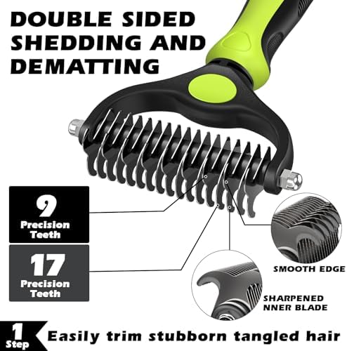 Professional 3PCS Self Cleaning Slicker Brush & Pet Grooming Rake & Flea Comb for Dogs,Cats and Horses | Double-Sided Dematting Comb & Skin Friendly Deshedding Grooming Tool | Pet Supplies (Green) - Image 2