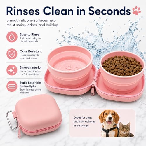 Portable Dog Bowl, Collapsible 2-in-1 Travel Dog Bowls with Carabiner Clip, Silicone Double Pet Food and Water Dish for Outdoor Camping and Hiking (Pink) - Image 4