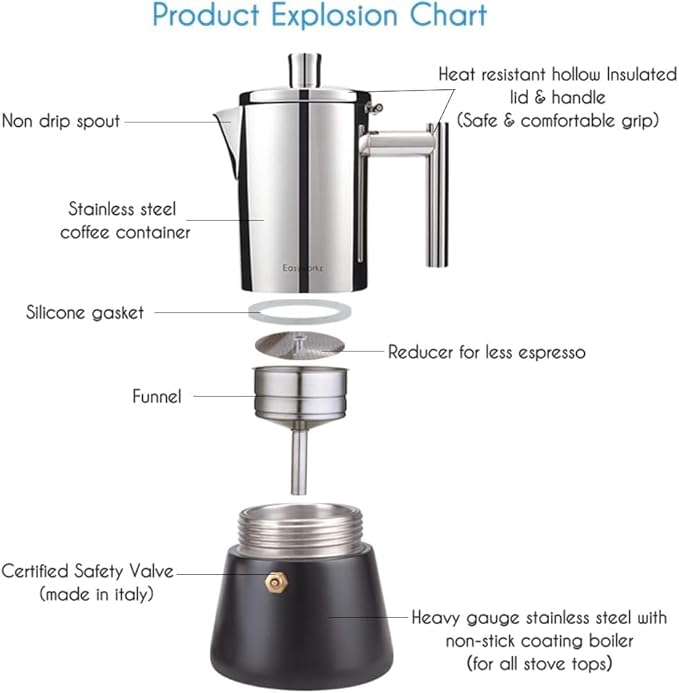 Easyworkz Diego Stovetop Espresso Maker Stainless Steel Italian Coffee Machine Maker 12Cup 17.5 oz Induction Moka Pot - Image 3