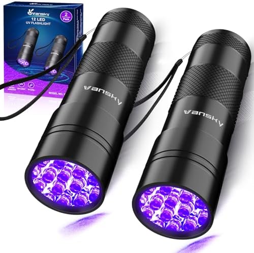 Black Light UV Light Flashlight: Vansky 395nm 12 LED 2 Pack Ultraviolet Blacklight Flashlight Mini Powerful Pet Urine Detector for Dog/Cat, Carpet Dry Stains Detection, Spot Scorpions, Resin Curing by Vansky