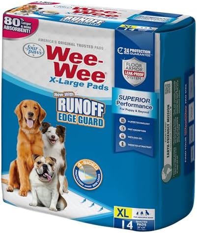 Four Paws Wee-Wee Superior Performance Unscented Extra-Large Pee Pads for Dogs & Puppies, Quilted Leak-Proof Dog Housebreaking Potty Training Floor Protection, 28" x 34", 14 Count by FourPaws