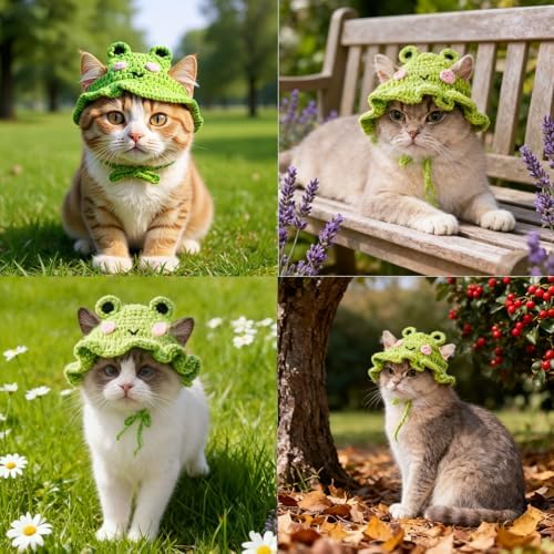 Cute Cat Hat Costume Suitable for 5 to16 lbs - Frog Cat Bonnet Head Circumference 11" or Less Cat Halloween Christmas Costumes Pet Photography Outfits - Image 2