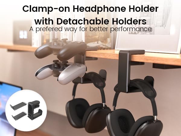 3in1 Rotating Headphone Holder - EURPMASK 3in1 PC Gaming Headset Holder w/Detachable Controller Holder, Adjustable Clamp-on Headset Stand,Headphone Hanger Hook Under Desk w/Cable Clip Organizer,Black - Image 2