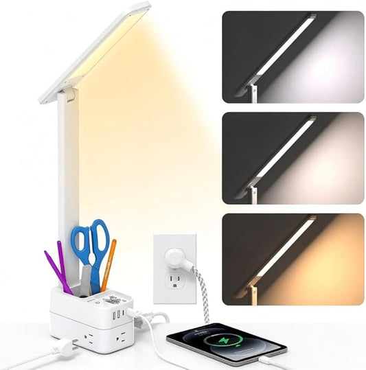 Addtam Desk Lamp with Pen Holder, LED Desk Lamps for Home Office, Power Strip with 3 Outlets 4 USB Charging Ports(2 USBC), 3 Color Modes Touch Lamp, Study Lamps for College Dorm Room Essentials, White by Addtam