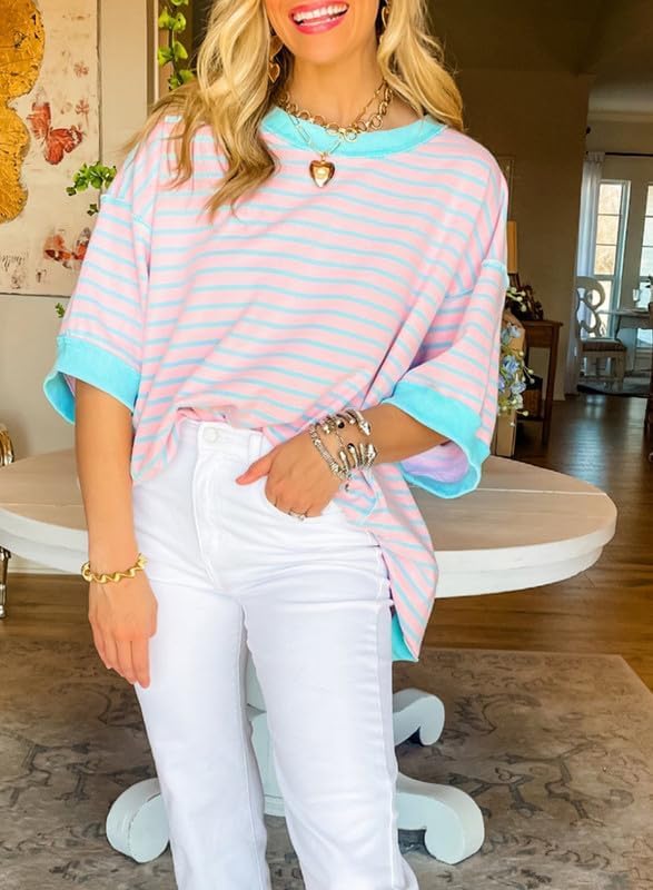 SHEWIN Womens Tops Casual Short Sleeve Sweatshirt Crewneck Striped Shirt Pullover T Shirts Loose Blouses - Image 4