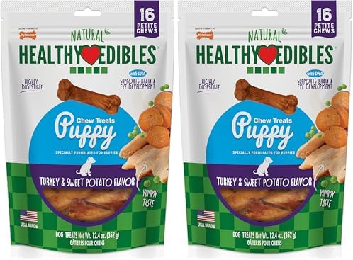 Nylabone Healthy Edibles Natural Puppy Chews Long Lasting Treats for Puppies,Turkey & Sweet Potato Flavor,X-Small/Petite,16 Count (Pack of 2) by Nylabone