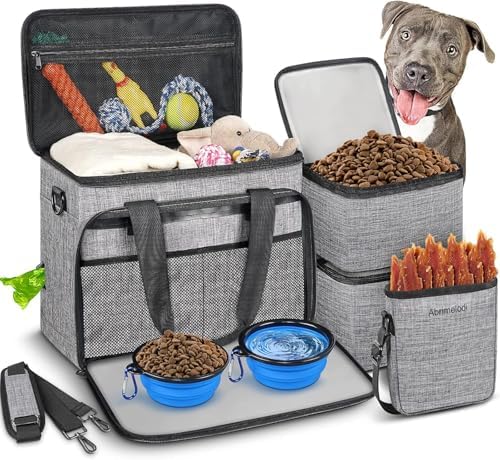 6 Set Dog Travel Bag, Large Pet Travel Kit for Supplies, Grey by Abrimelodi
