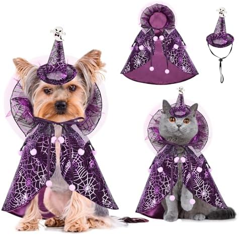 Dog Cat Halloween Costume Cobweb Tulle Cape & Wizard Hat Purple, SM by JIKAJA