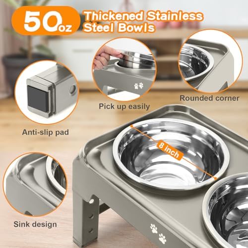 Elevated Bowls, 4 Height Adjustable Raised Stand With 2 Thick 50oz Stainless Steel Food Bowls, Non-Slip Feeder for Dogs, Adjusts to 3.7", 9.2", 10.75", 12.36" Light Brownish Gray - Image 4