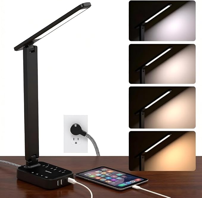Addtam LED Desk Lamp, Power Strip with 3 Outlets 4 USB Charging Ports(2 USBC), 4 Modes 5 Level Brightness Touch Lamp, Small Desk Lamp for Home Office College Dorm Room Essentials, 10 FT by Addtam