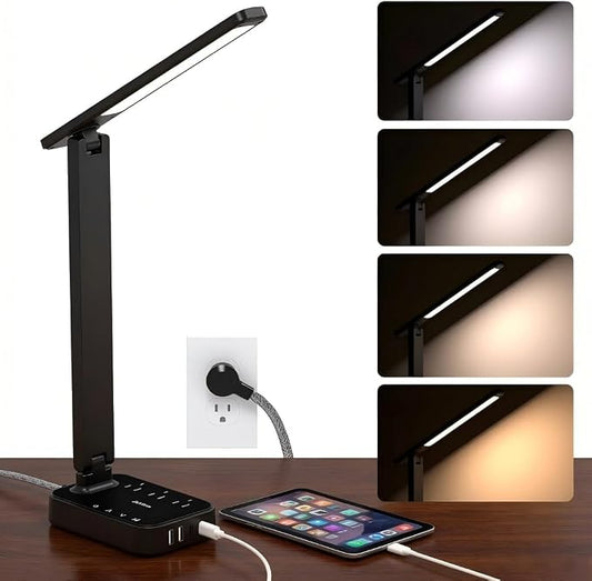 Addtam LED Desk Lamp, Power Strip with 3 Outlets 4 USB Charging Ports(2 USBC), 4 Modes 5 Level Brightness Touch Lamp, Small Desk Lamp for Home Office College Dorm Room Essentials, 10 FT by Addtam