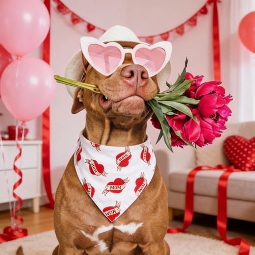 Valentines Day Dog Bandanas - Vintage Mom Heart Print, Holiday Costume Pet Scarf, Adjustable Snap Button for Small & Medium Breeds (5-30lbs) - Image 4