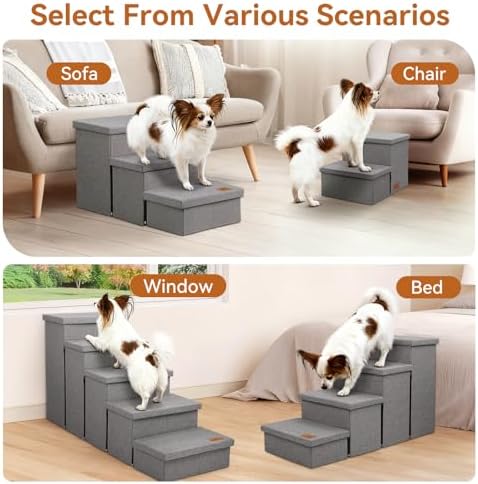 Zerbuger Dog Stairs with Storage, Grey 4 Steps Dog Ramp with Condo for Bed - Image 2
