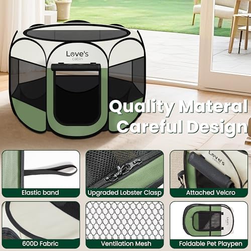 Love's cabin Pet Puppy Dog Playpen, Small Dog Tent Crates Cage Indoor/Outdoor, Portable Playpen for Cat, Foldable Pop Up Dog Kennel Playpen with Carring Case, Removable Zipper Top, Olive Green - Image 5