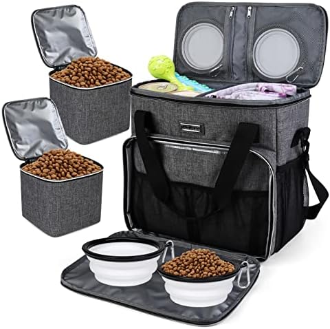 BAGLHER Dog Travel Bag, Pet Travel Bag (ALL Pet Travel Supplies), With 2 Pet Food Containers and 2 Collapsible Silicone Bowls; Essential Kits for Pet Travel Grey by BAGLHER