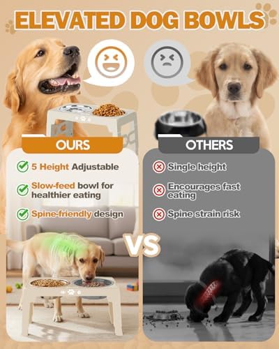 Jovrun Elevated Dog Bowls for Medium Large Size Dogs, Non-Slip Dog Feeder with 1*Stainless Steel Dishes & 1*Slow Feeder Bowl, 5 Heights Adjustable Raised Bowls to 3.15″-8.66″-9.84″-11.02″-12.2″ - Image 3