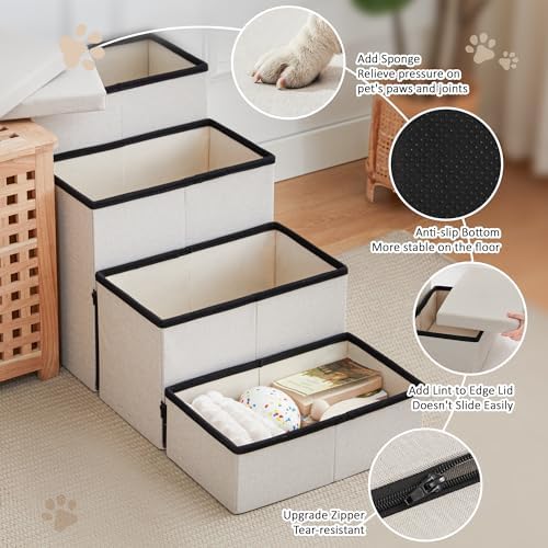 Love's cabin Dog Stairs for High Bed, Foldable Pet Stairs for Small Medium or Large Dogs Puppy with Storage for Bed or Couch, Cat Dog Steps Ramp with Zip up to 200 lbs, Beige, 4 Steps - Image 4