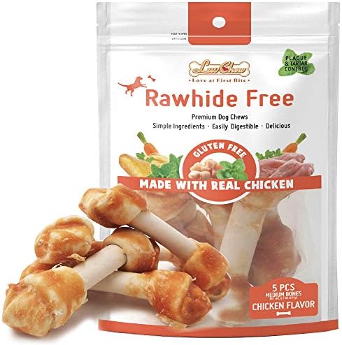 LuvChew Chicken Dog Chew Bones Medium, Rawhide Free, Grain Free, Made with Real Chicken & Wholesome Vegetables, Knotted Bones Medium 5pcs/Pack by LuvChew