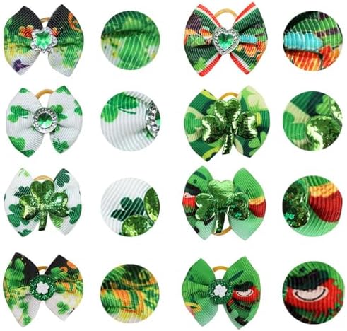 20Pcs/10 Pairs St. Patrick's Shamrock Yorkie Dog Puppy Hair Bows with Rubber Bands Hair Accessories Bow Pet Grooming Cute Irish Holiday Pet Small Hair Bowknot (St. Patrick's Day) - Image 3